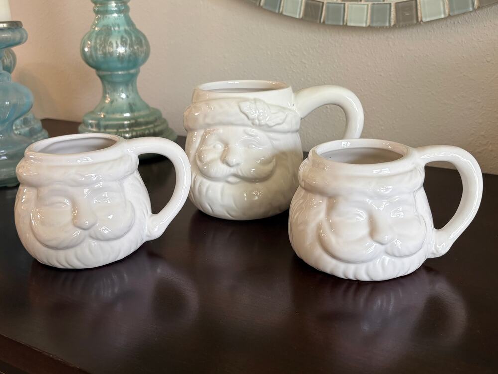 Vintage-Style White Ceramic Santa Face Mugs (3) Christmas Neutral Decor Modern